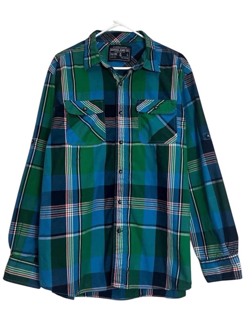 Nautica Green & Blue Plaid Stripe Cotton Long Sleeve Button Down Shirt